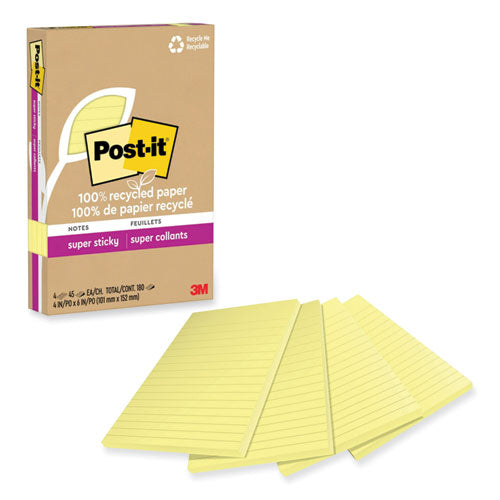 100% Recycled Paper Super Sticky Notes, Ruled, 4  X 6 , Canary Yellow, 45 Sheets pad, 4 Pads pack Discount