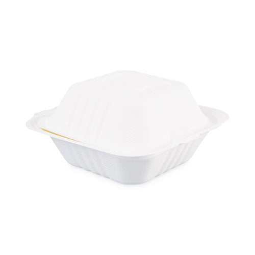 Bagasse Food Containers, Hinged Lid, 6 X 6 X 3.19, White, Sugarcane, 125 sleeve, 4 Sleeves carton Cheap