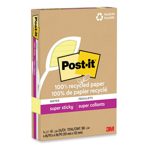 100% Recycled Paper Super Sticky Notes, Ruled, 4  X 6 , Canary Yellow, 45 Sheets pad, 4 Pads pack Discount