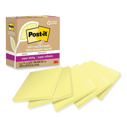 100% Recycled Paper Super Sticky Notes, 3  X 3 , Canary Yellow, 70 Sheets pad, 5 Pads pack Online now