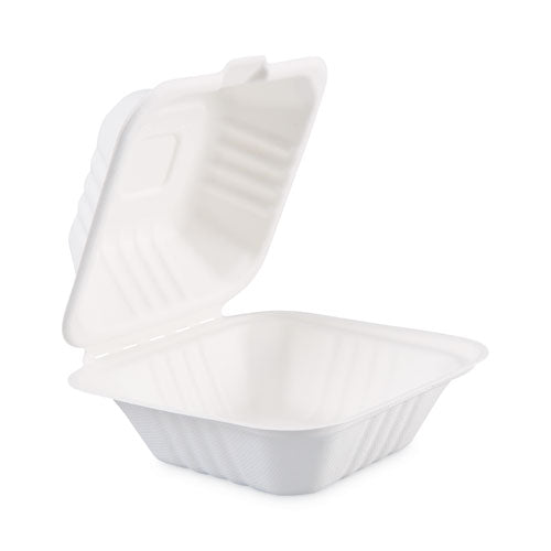 Bagasse Food Containers, Hinged Lid, 6 X 6 X 3.19, White, Sugarcane, 125 sleeve, 4 Sleeves carton Cheap