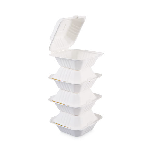 Bagasse Food Containers, Hinged Lid, 6 X 6 X 3.19, White, Sugarcane, 125 sleeve, 4 Sleeves carton Cheap